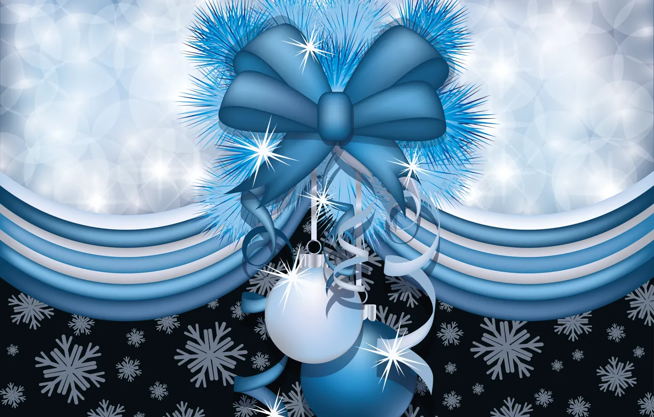 Photo wallpaper snowflakes, balls, tape, bow, Christmas decorations