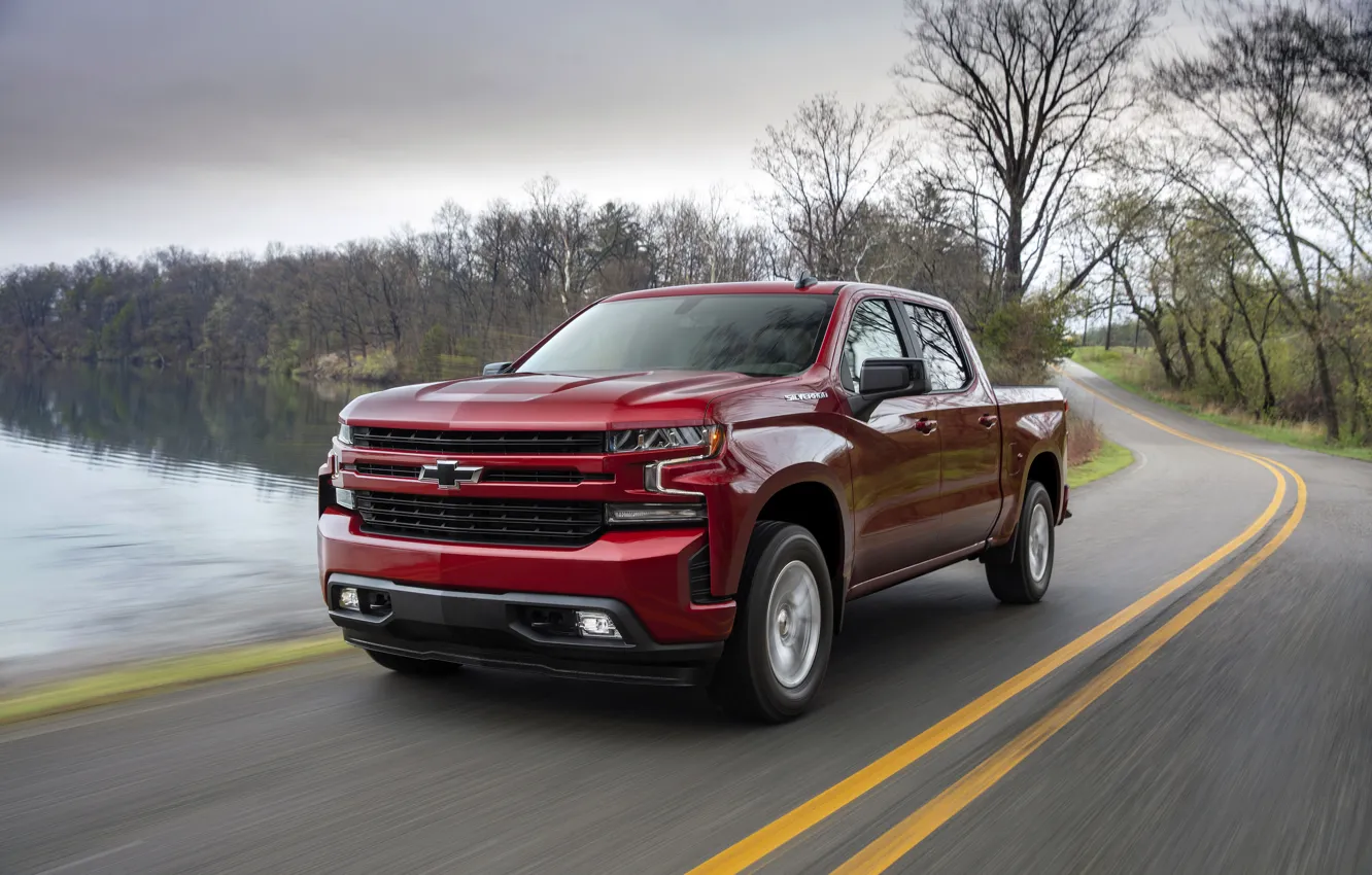 Photo wallpaper red, Chevrolet, pickup, pond, Silverado, 2019, RST