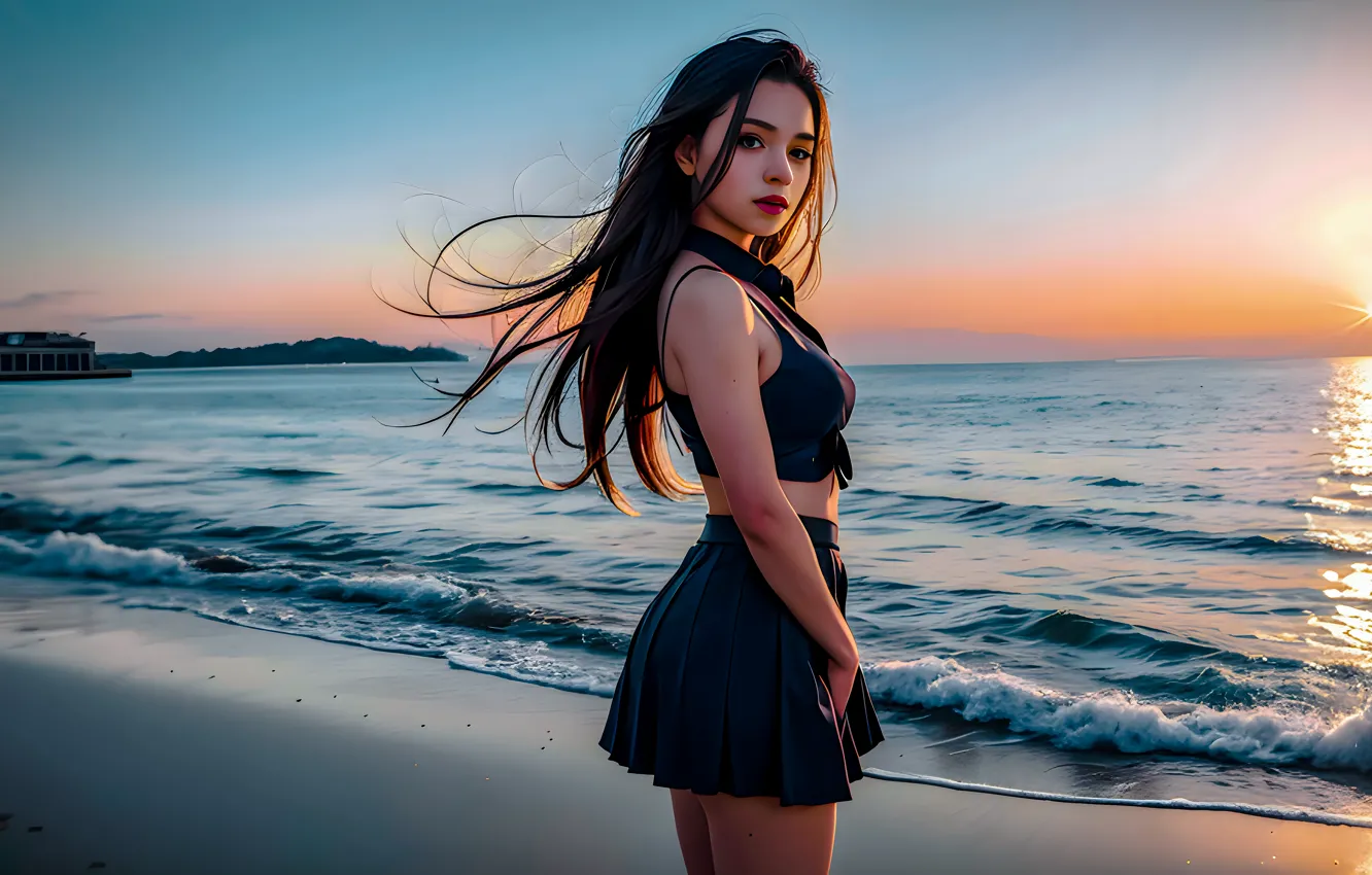 Photo wallpaper girl, sea, brunette, long-haired