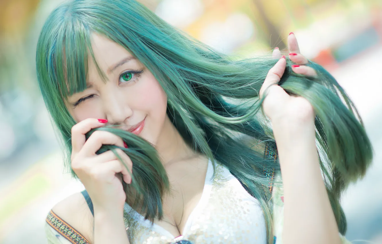 Photo wallpaper chest, eyes, look, girl, face, pose, green, eyelashes