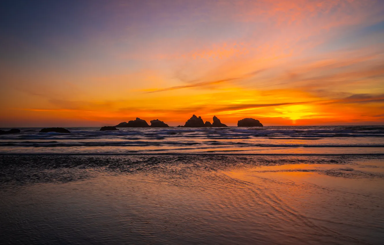 Photo wallpaper sea, sunset, rocks, shore, the evening, silhouette