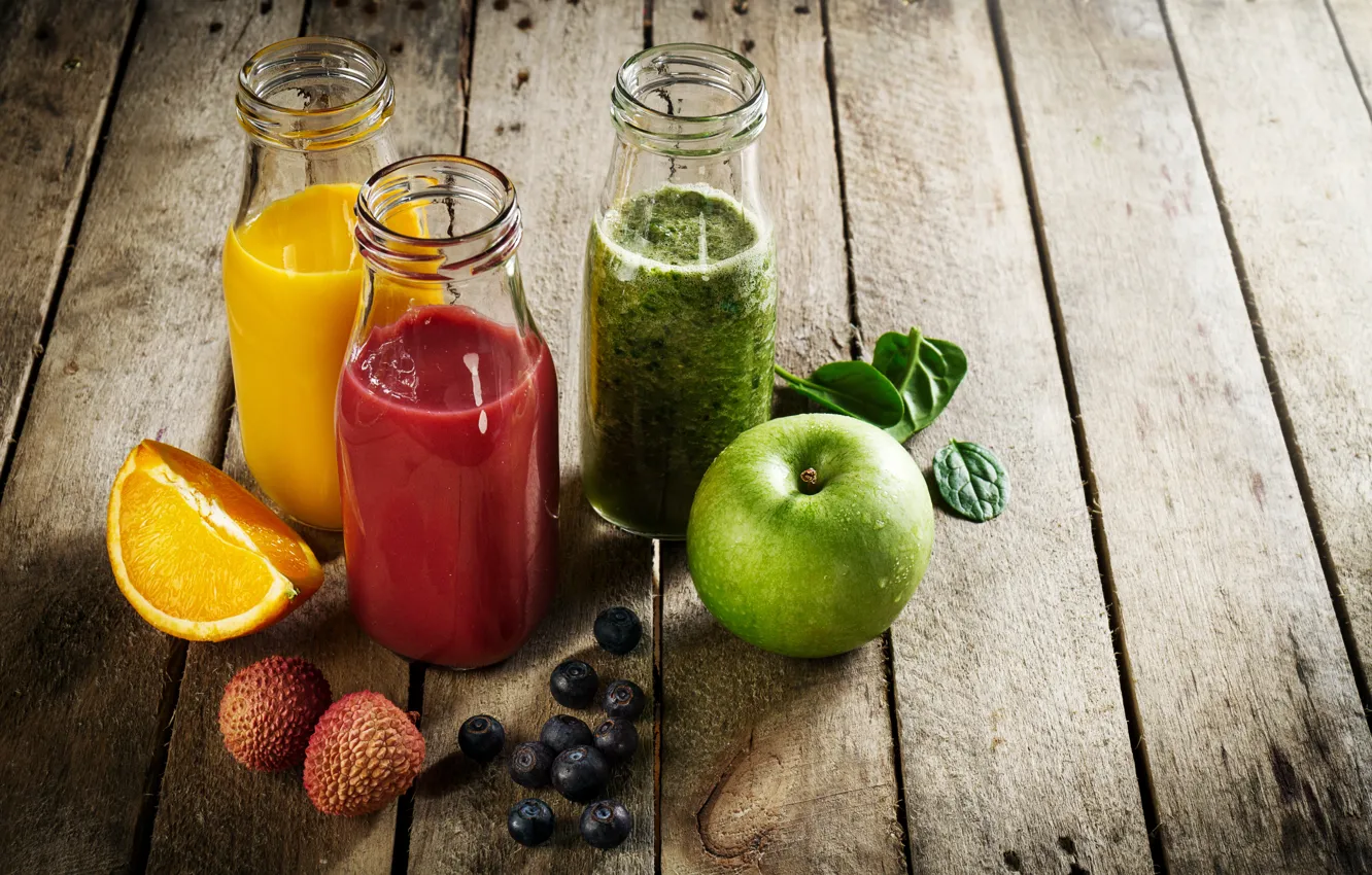 Photo wallpaper Apple, orange, juice, drinks, fresh, lychee, spinach