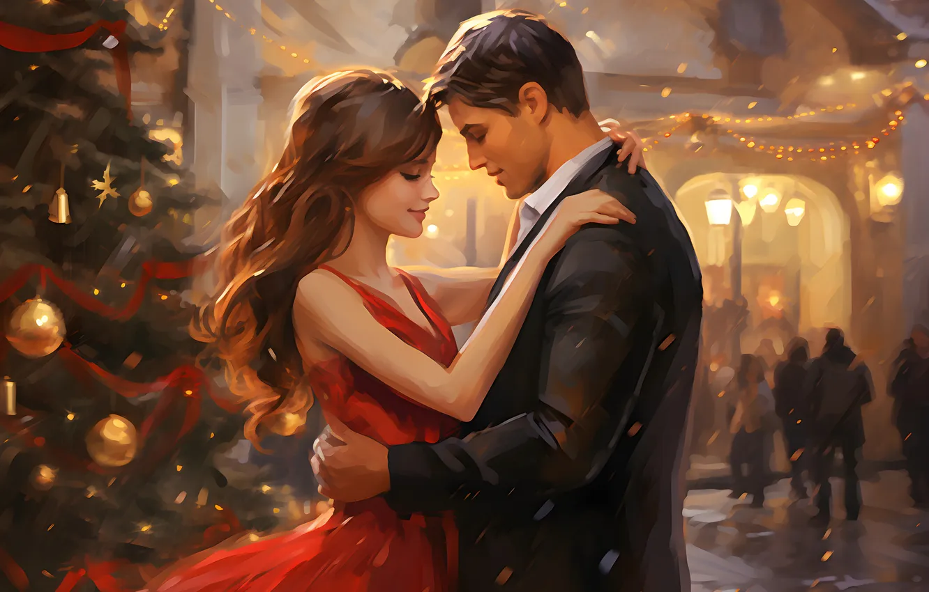 Photo wallpaper girl, people, tree, new year, dress, Christmas, guy, two