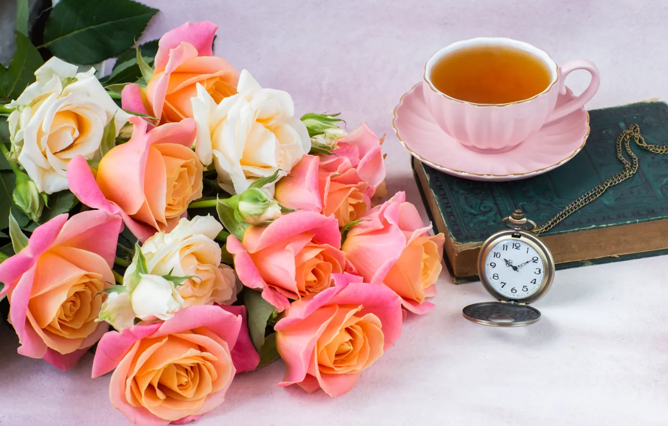 Photo wallpaper watch, roses, bouquet, Cup, book