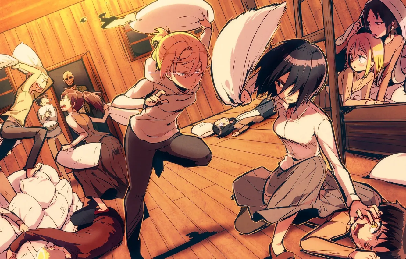 Photo wallpaper pillow, fight, Mikasa Ackerman, Eren Yeager, Sasha Blouse, Annie Leonhardt, Armin Arlert, Connie Springer