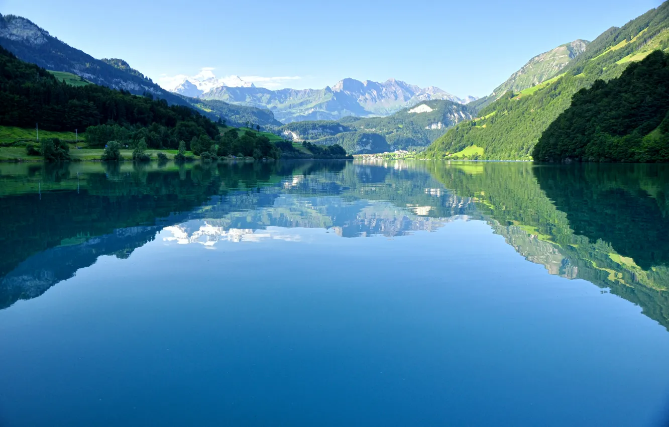 Photo wallpaper forest, the sky, trees, mountains, reflection, shore, tops, Switzerland