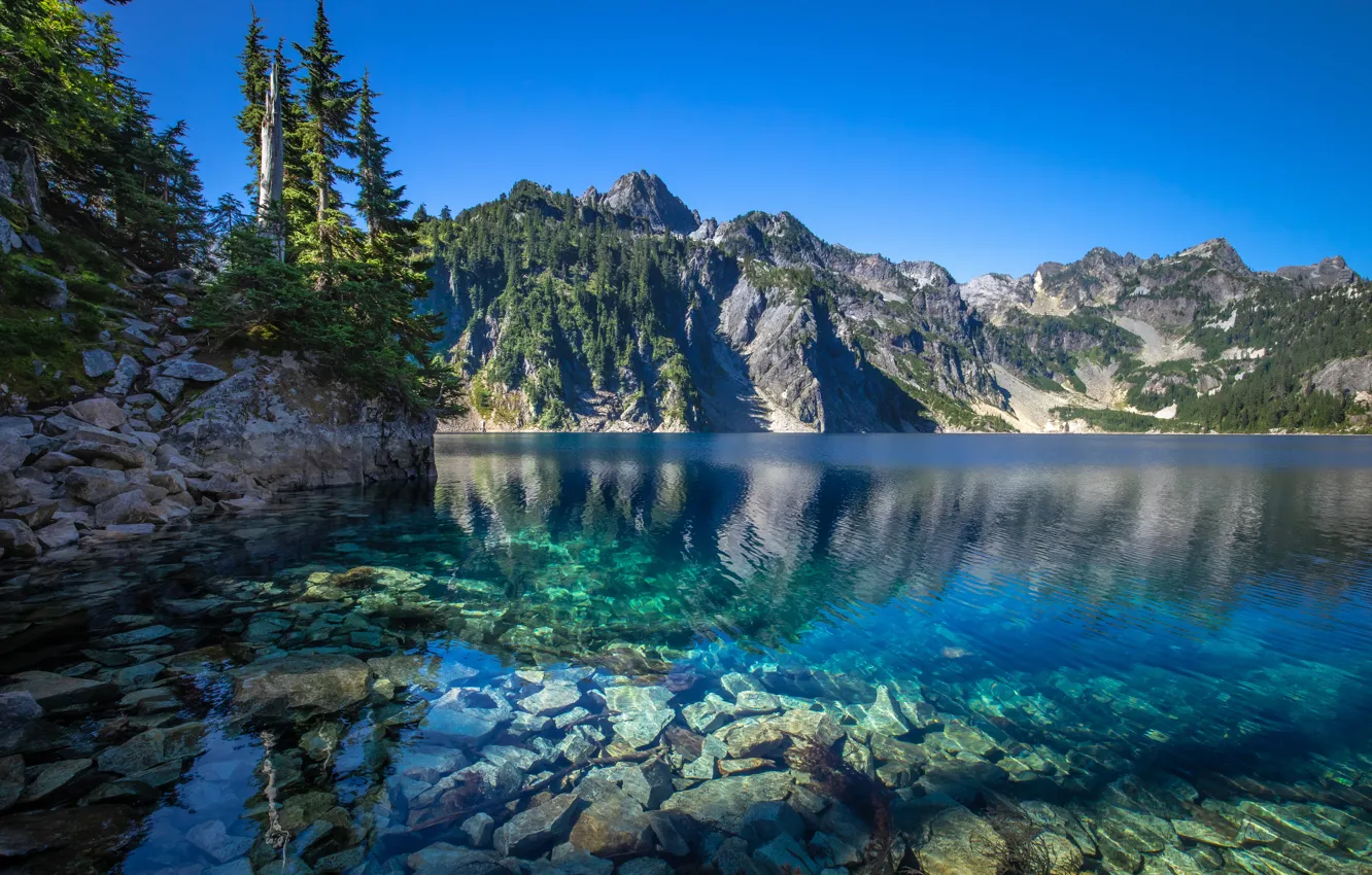 Photo wallpaper mountains, lake, stones, the bottom, Washington, The cascade mountains, Washington State, Cascade Range