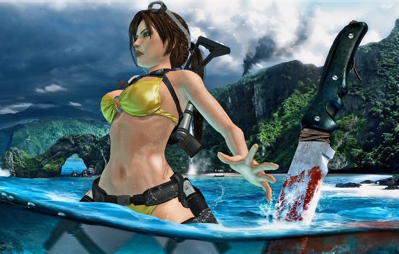 Photo wallpaper swimsuit, water, pose, weapons, blood, island, knife, Tomb Raider