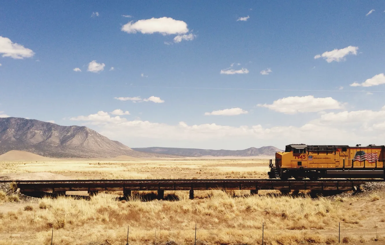 Photo wallpaper summer, sky, field, clouds, hills, train, railway, sunny