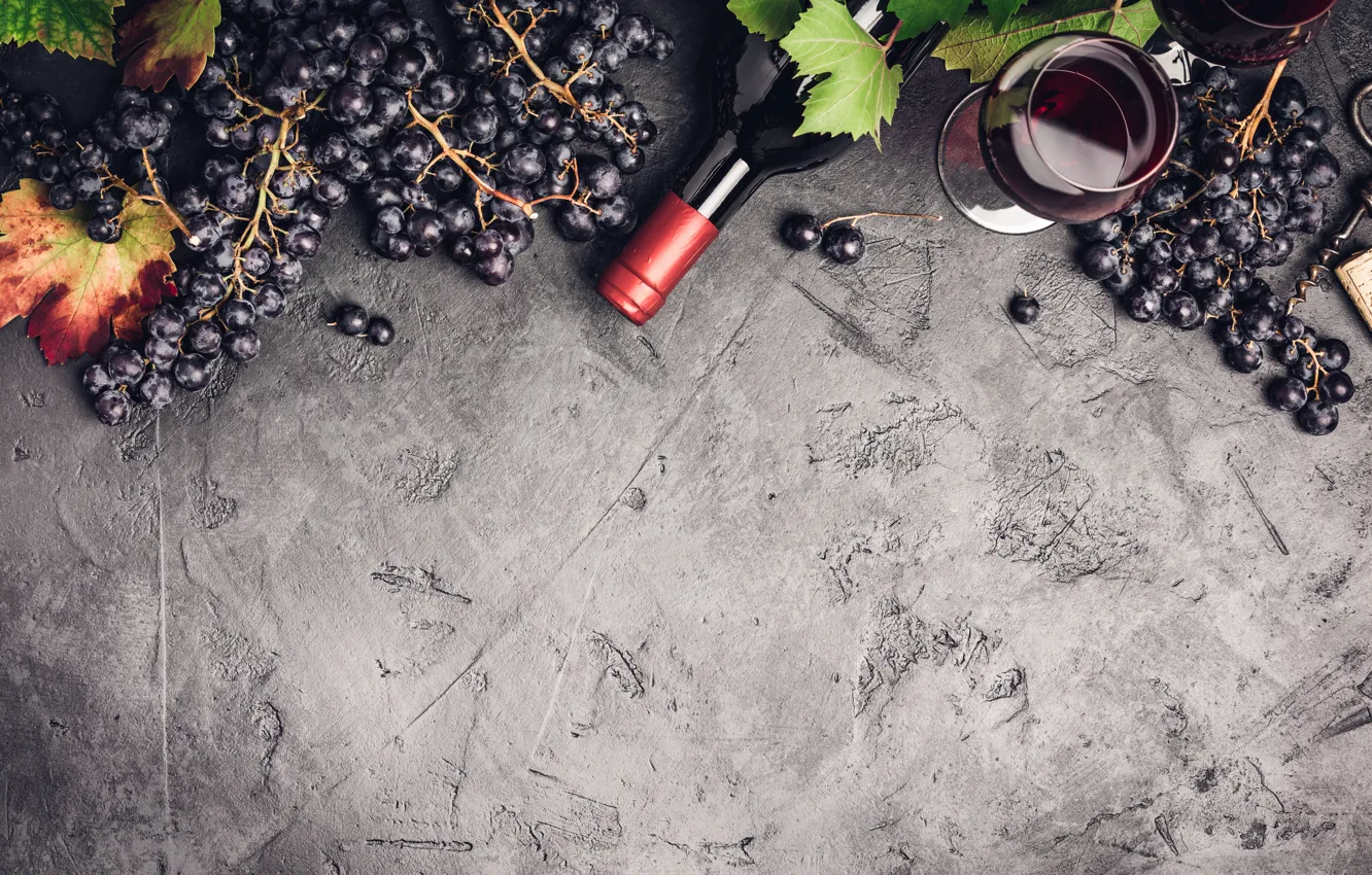 Photo wallpaper leaves, background, wine, glass, bottle, harvest, Grapes