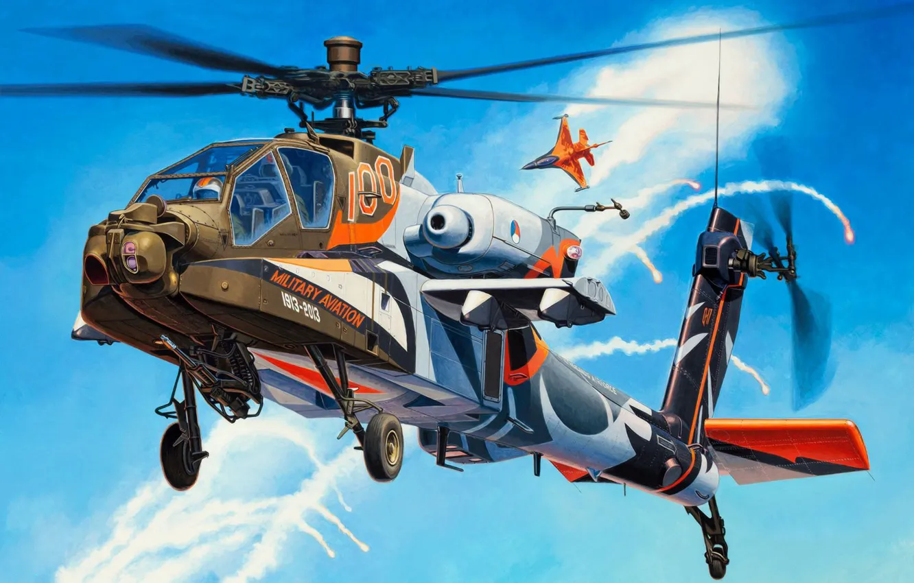 Photo wallpaper art, painting, Helicopter, AH-64 Apache