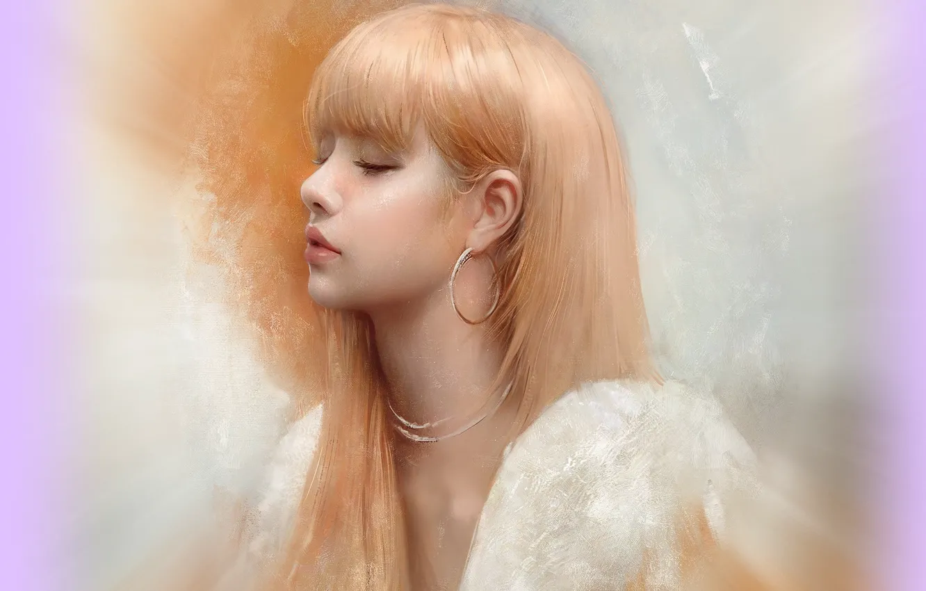 Photo wallpaper earrings, blonde, profile, Asian, art, bangs, closed eyes, portrait of a girl
