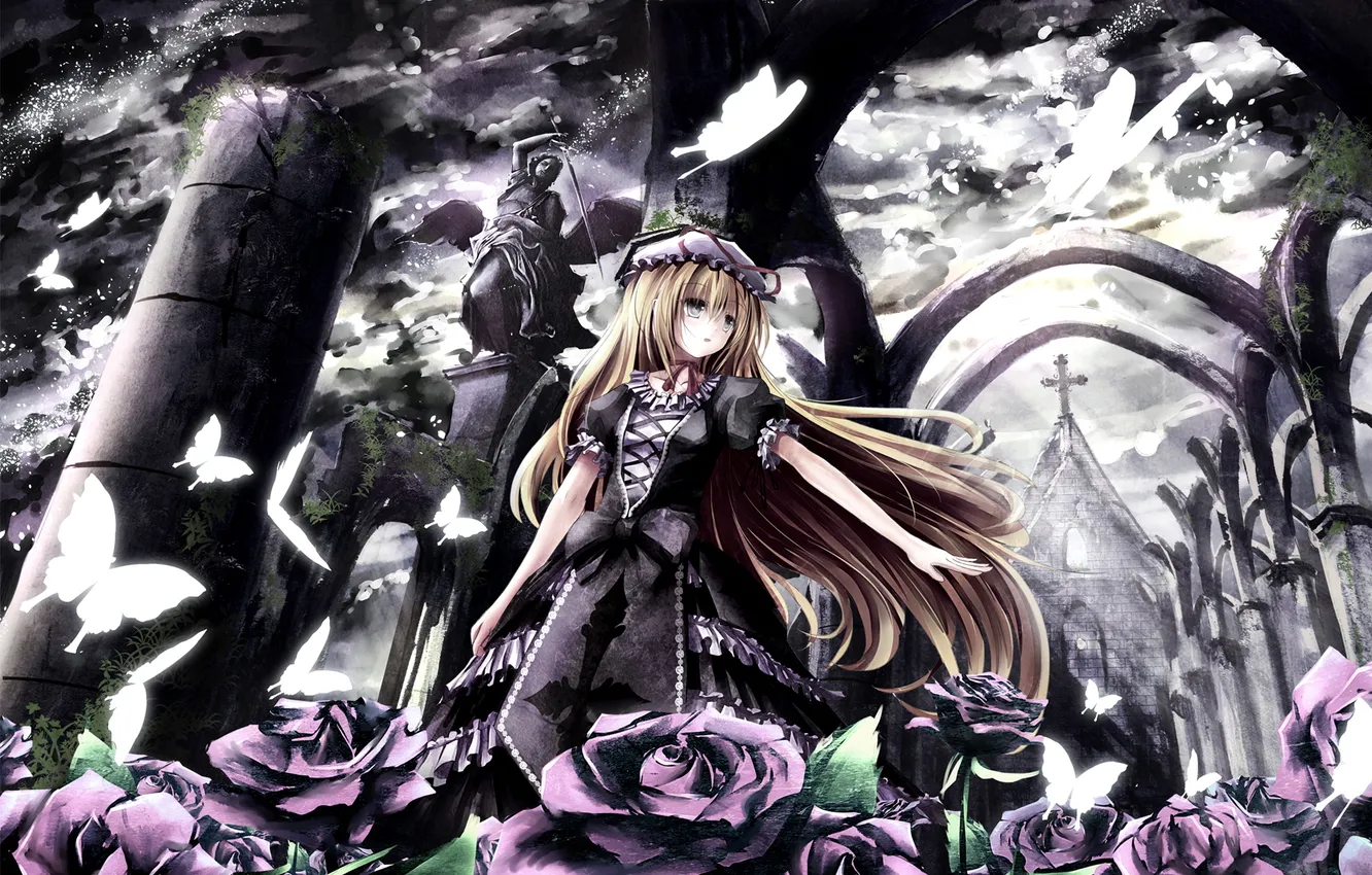 Photo wallpaper girl, flowers, butterfly, calm, roses, ruins, gesture, touhou