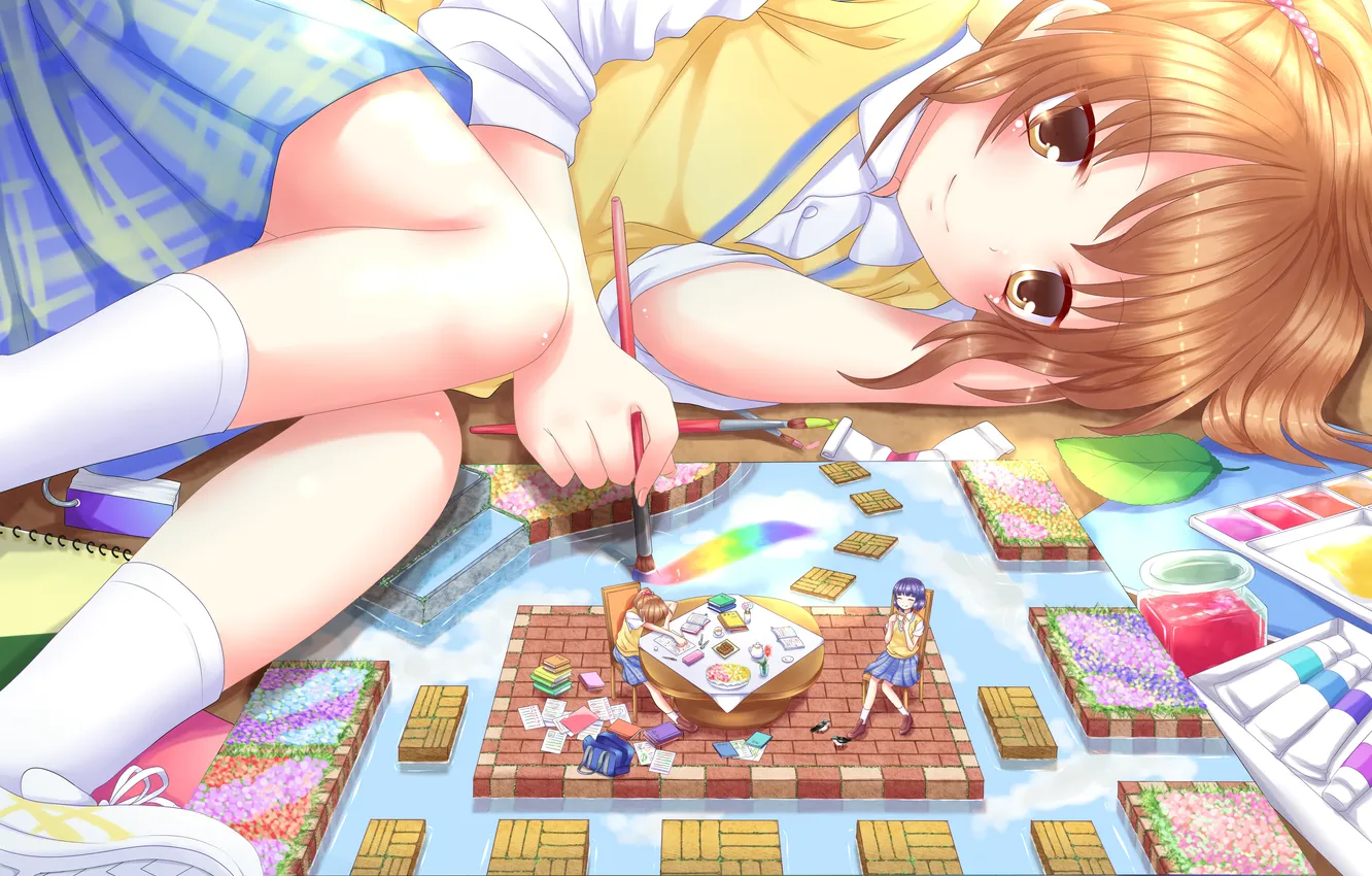 Photo wallpaper water, paint, art, girl, book, brush, table, draws