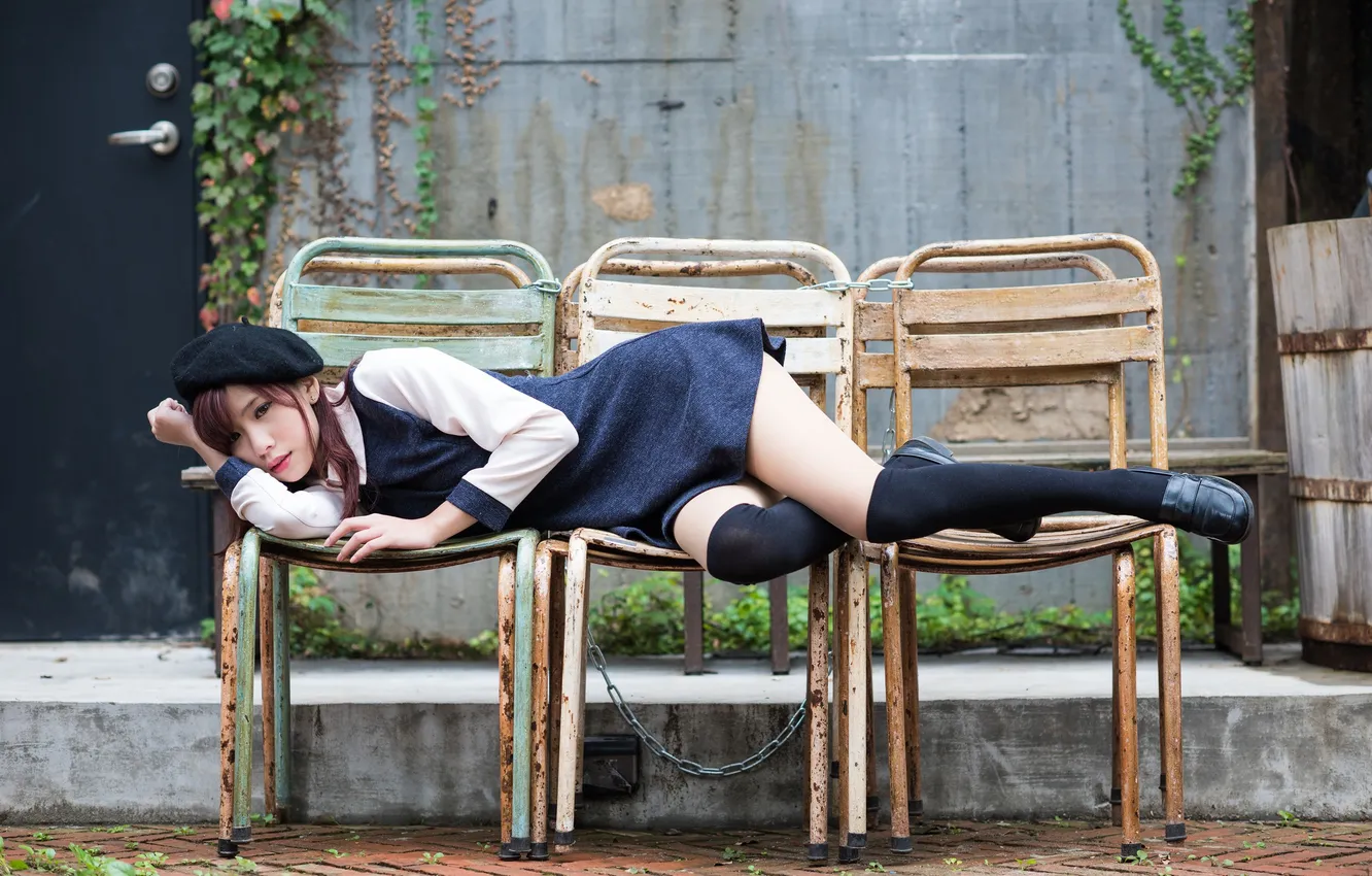 Photo wallpaper sadness, girl, dress, lies, legs