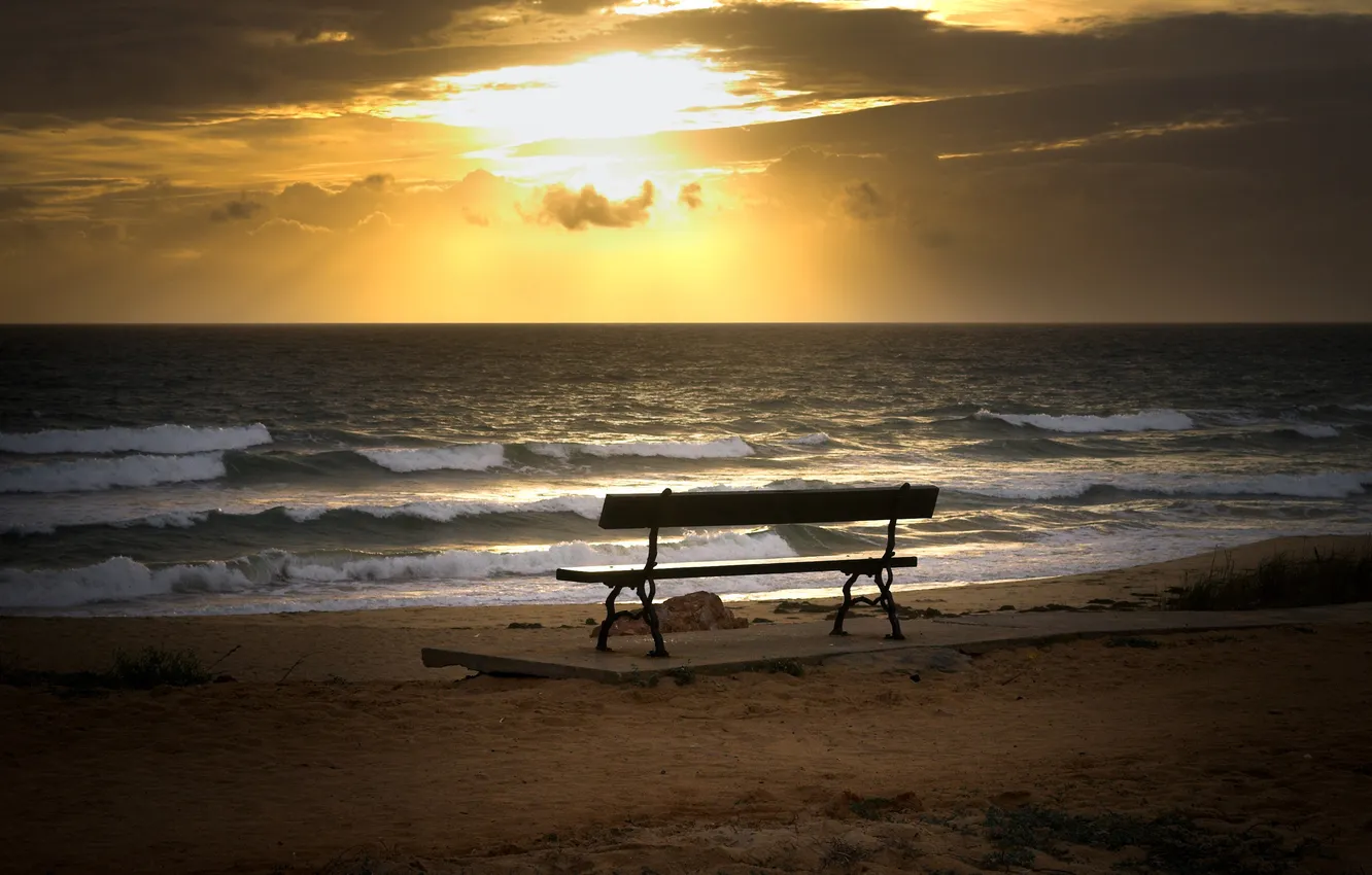 Photo wallpaper sand, beach, landscape, bench, photo, mood, shore, view