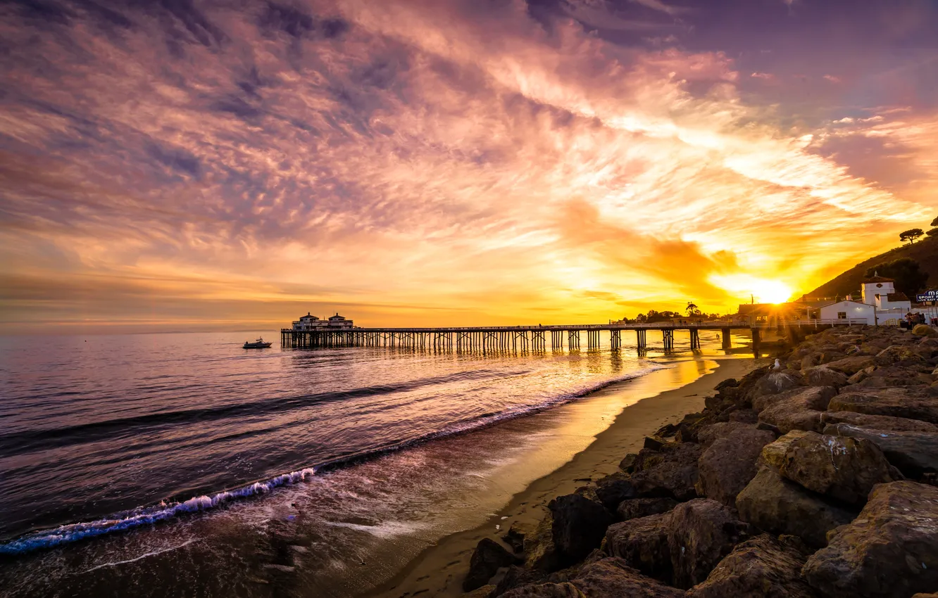 Photo wallpaper sand, sea, sunset, stones, coast, seagulls, pierce, USA