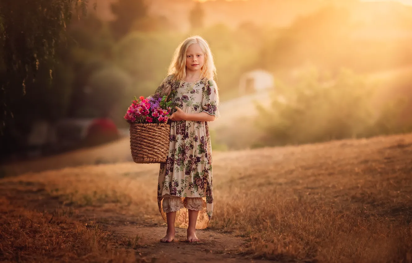 Photo wallpaper flowers, basket, girl, Country Girl, Edie Layland, With Flower Basket