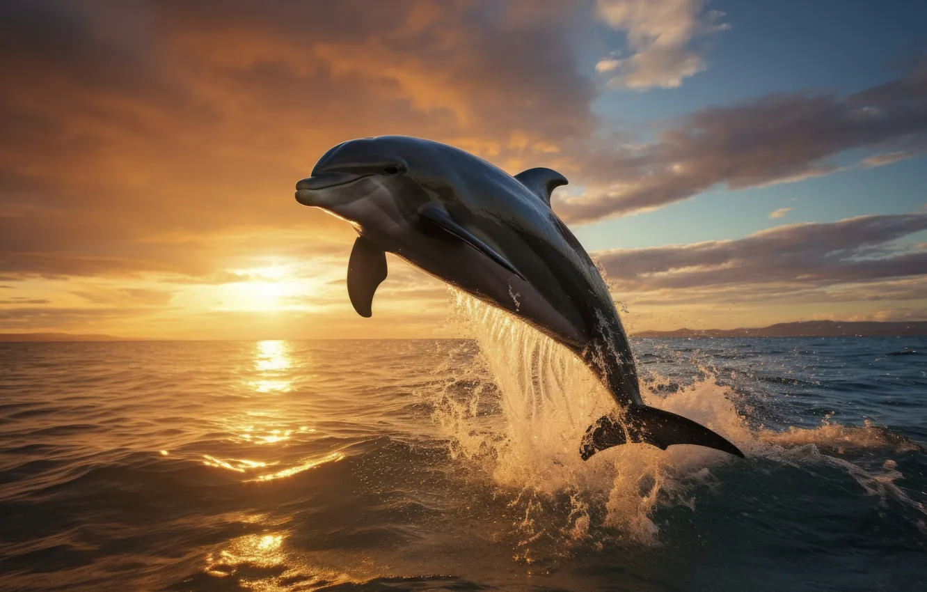 Photo wallpaper sea, water, clouds, dawn, jump, dolphins, digital art, AI art