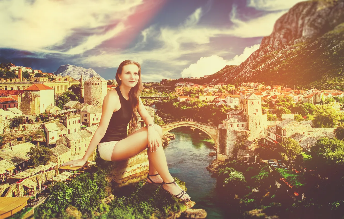 Photo wallpaper girl, river, Wallpaper, graphics, London, poster, Montenegro