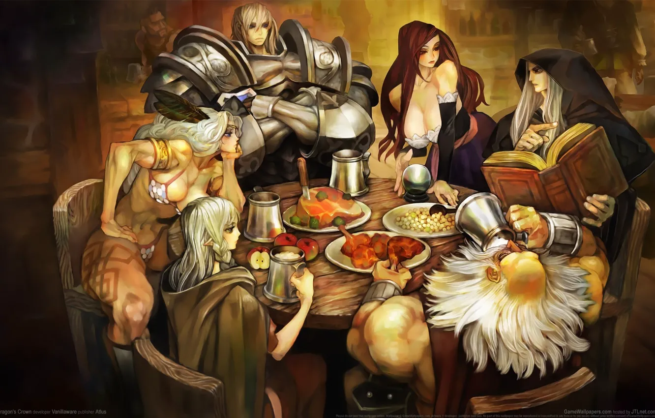 Photo wallpaper elf, warrior, MAG, dwarf, feast, game wallpapers, meeting, Dragon's Crown