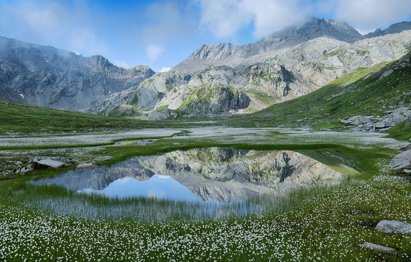 Photo wallpaper mountains, lake, rocks, shore, cotton