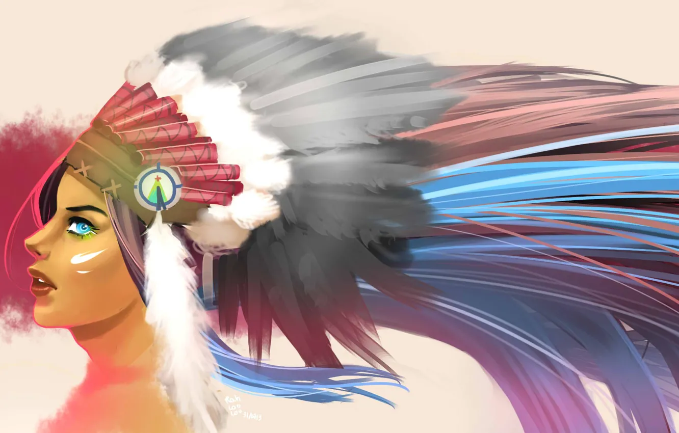 Photo wallpaper look, girl, face, feathers, art, Indian