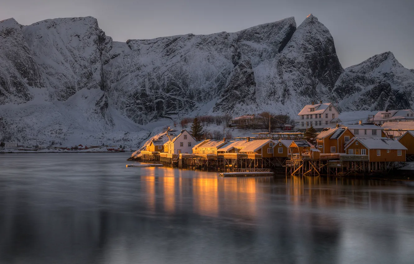 Photo wallpaper winter, sea, snow, mountains, rocks, shore, Norway, Bay