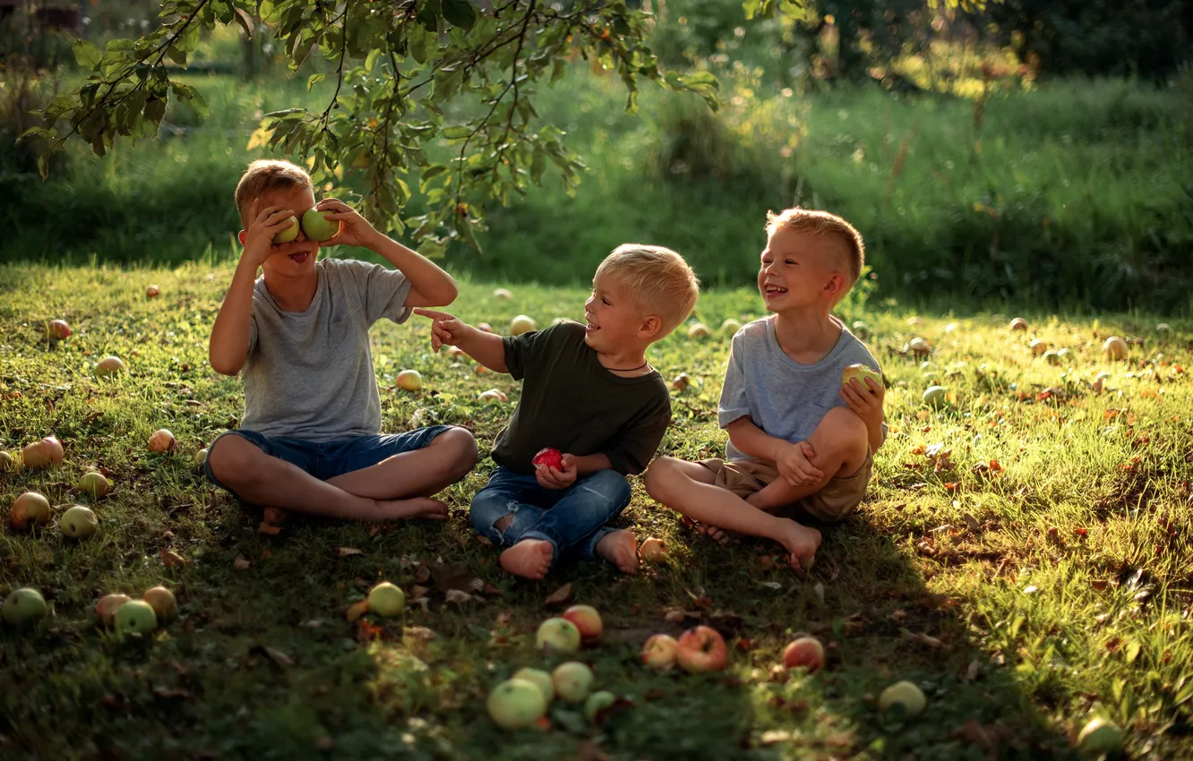 Photo wallpaper summer, joy, happiness, nature, children, childhood, apples, boys