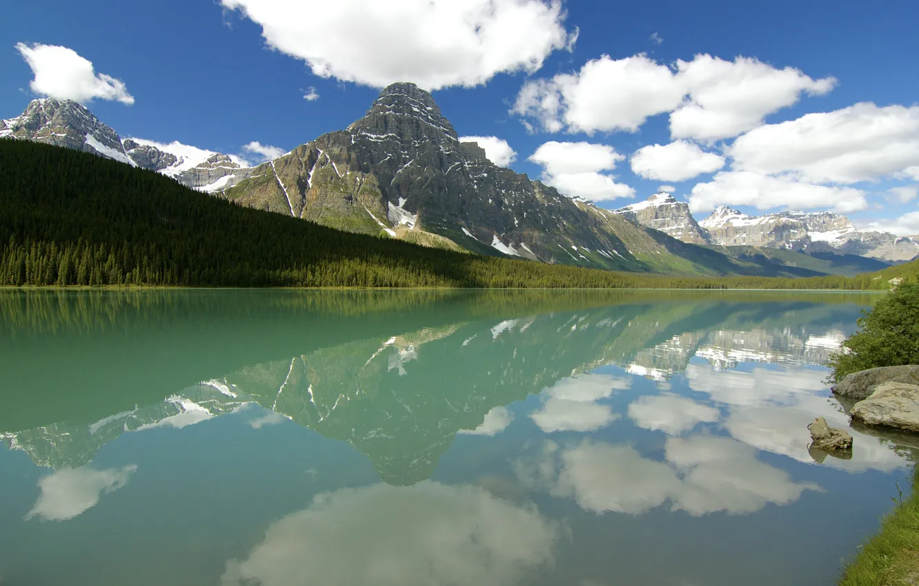 Photo wallpaper forest, the sky, clouds, mountains, lake, reflection, Canada, Albert