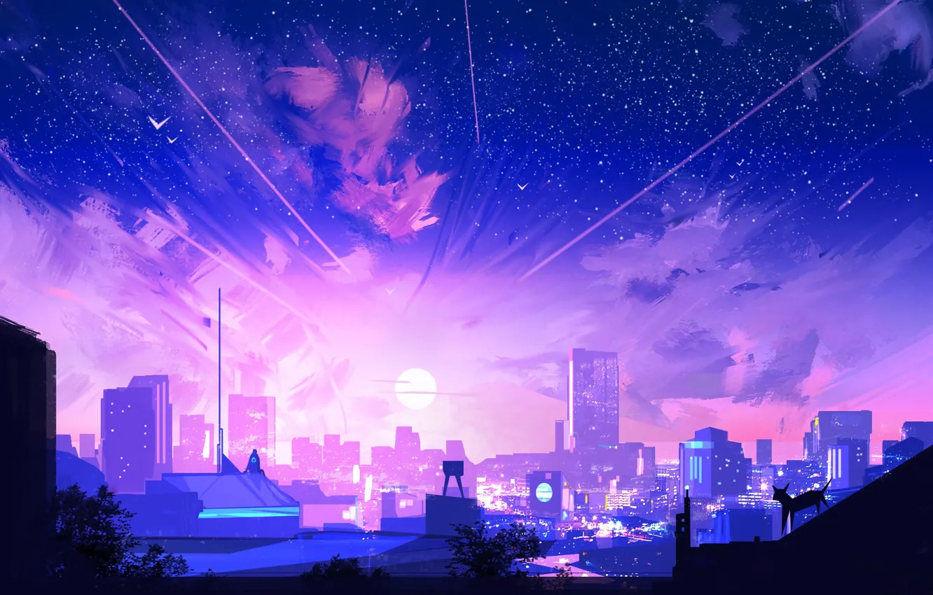 Photo wallpaper the sky, the sun, stars, landscape, city, the city, fiction, figure