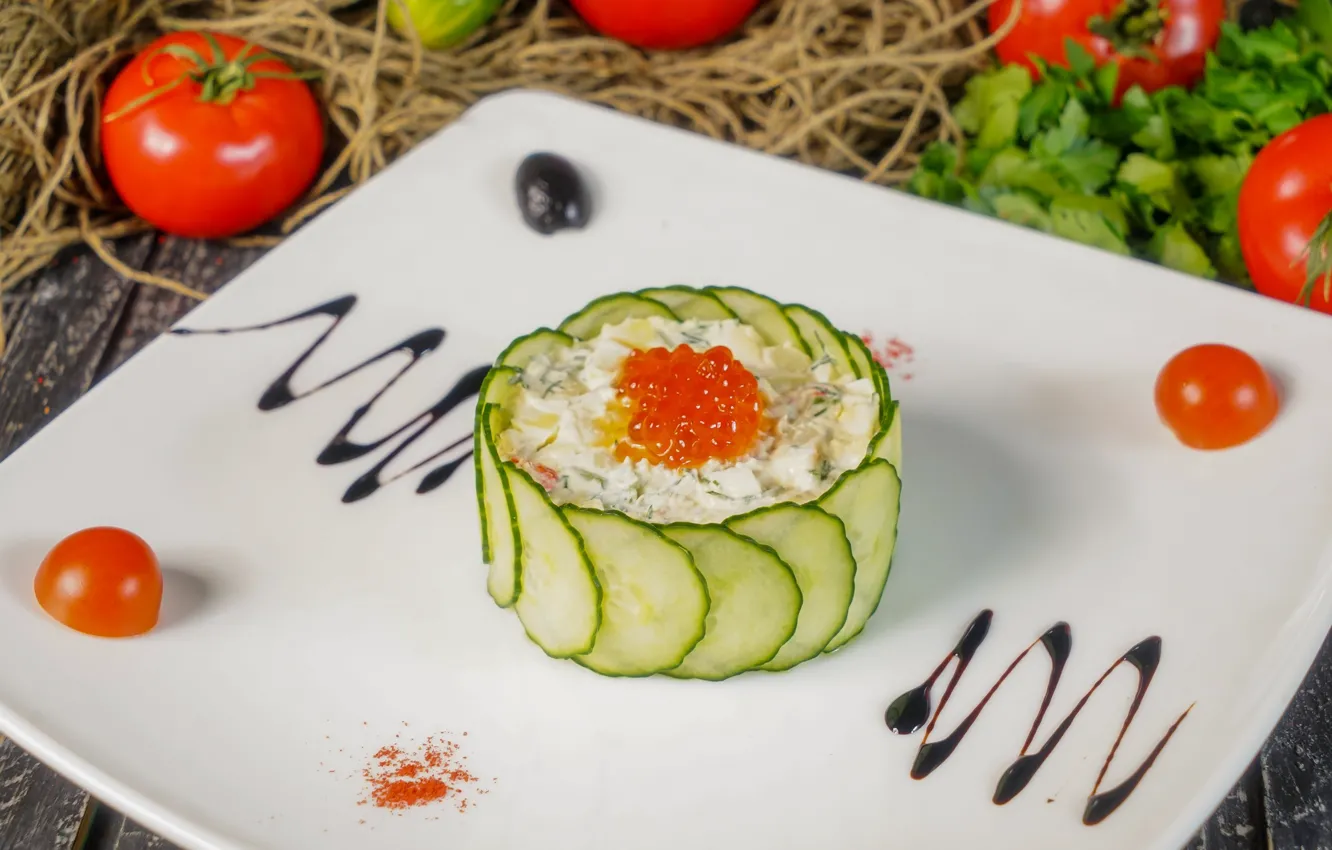 Photo wallpaper tomatoes, sauce, caviar, cucumbers, salad