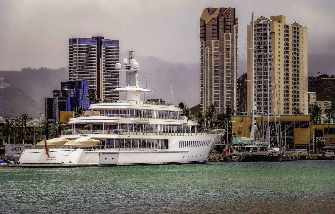 Photo wallpaper building, HDR, yachts, pier, Hawaii, Hawaii, Honolulu, Honolulu