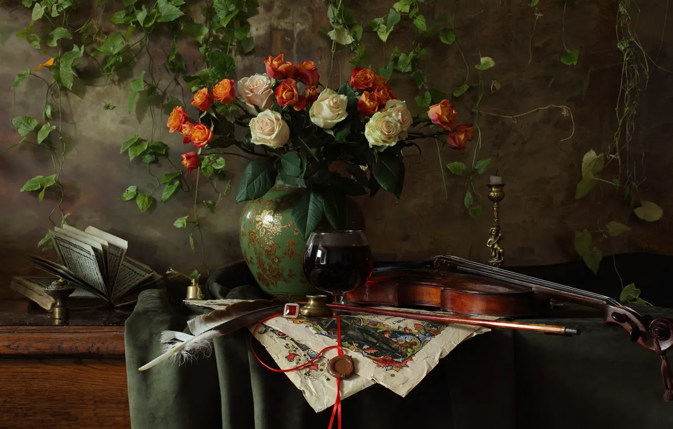 Photo wallpaper flowers, style, pen, violin, roses, bouquet, book, vase