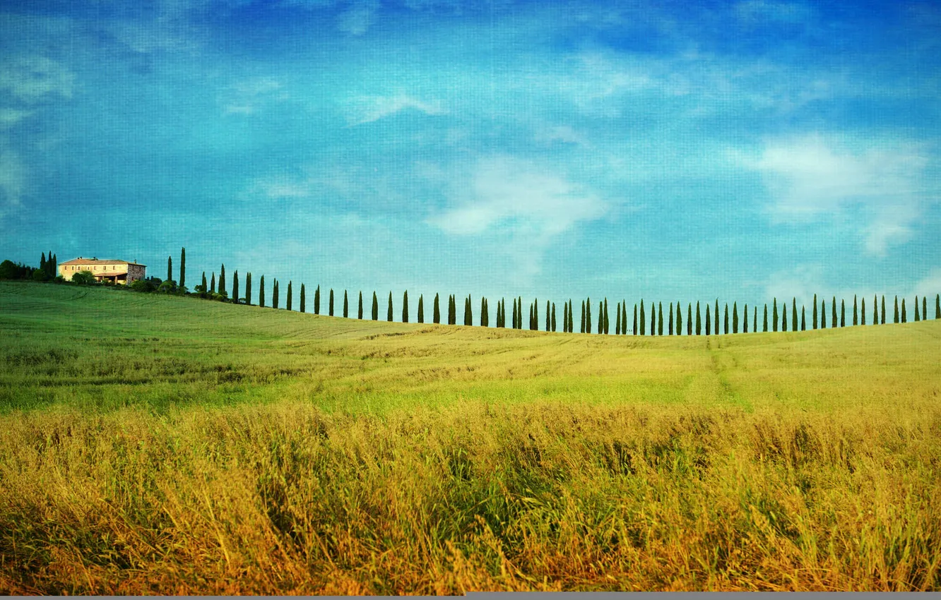 Photo wallpaper field, the sky, clouds, trees, home, Italy, farm, Tuscany