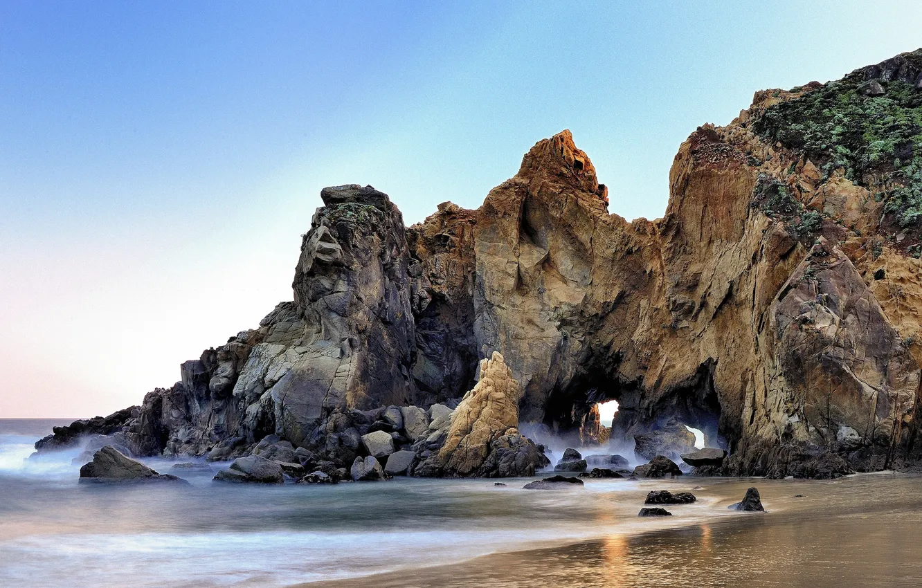 Photo wallpaper sand, beach, the ocean, rocks, California, the grotto, Big Sur, Pfeiffer Beach