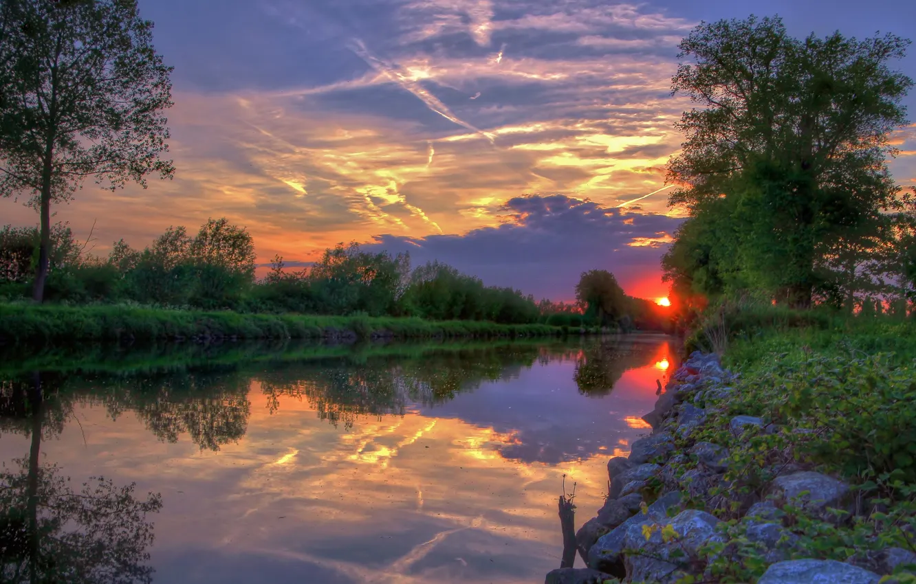 Photo wallpaper the sky, clouds, trees, sunset, landscape. nature