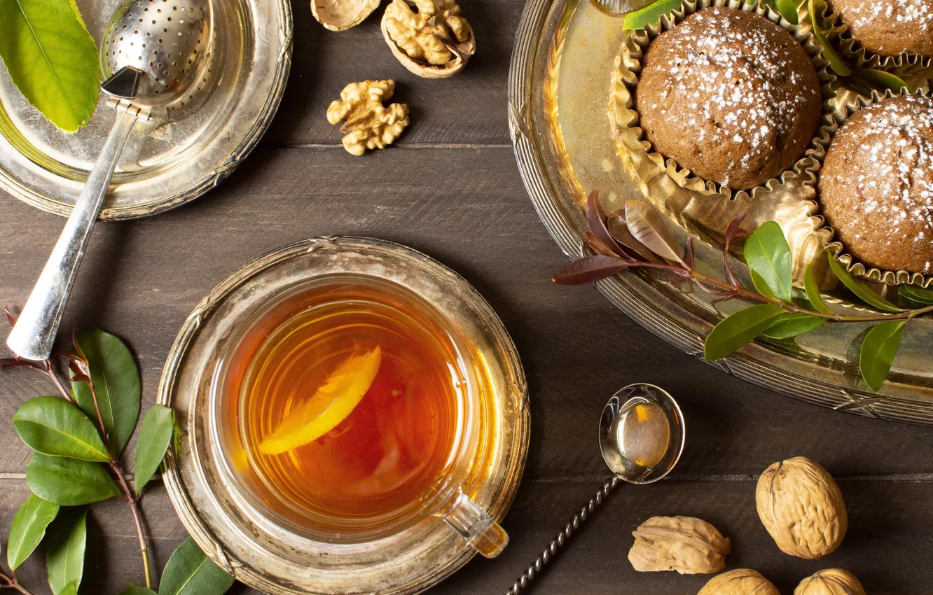 Photo wallpaper leaves, branches, tea, Board, spoon, the tea party, Cup, saucer