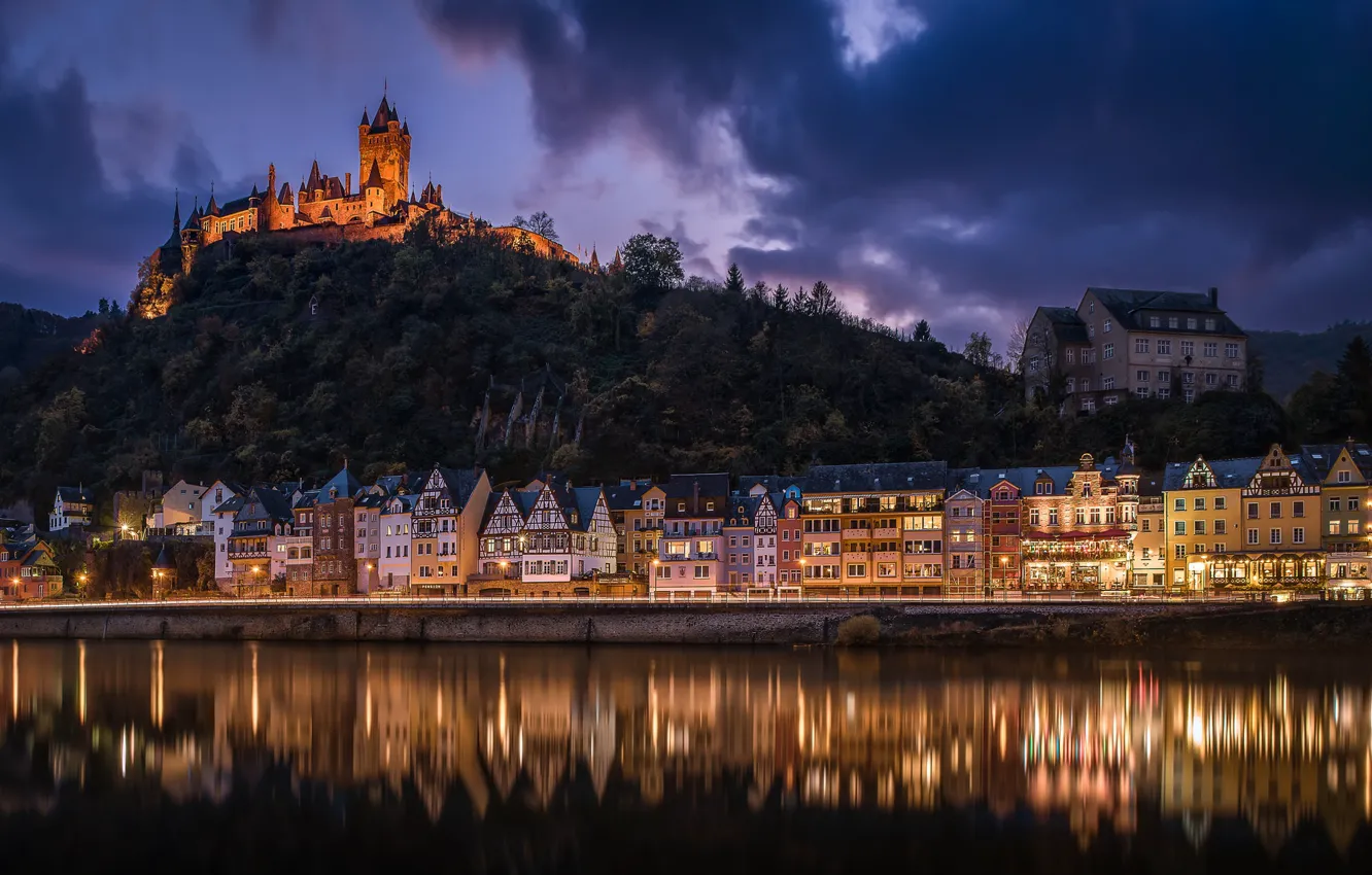 Photo wallpaper night, river, castle, building, home, Germany, hill, Germany