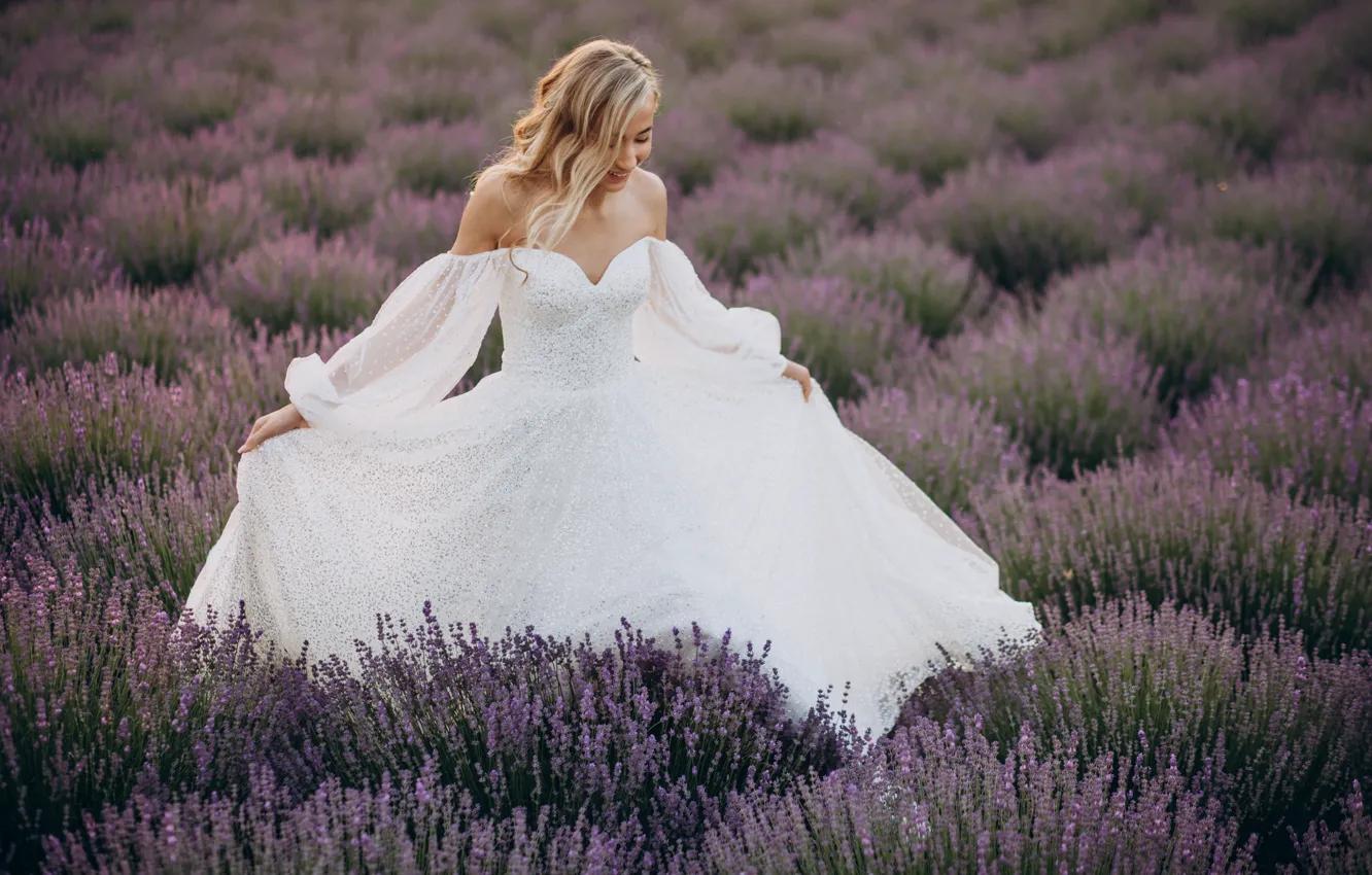 Photo wallpaper girl, dress, the bride, lavender field