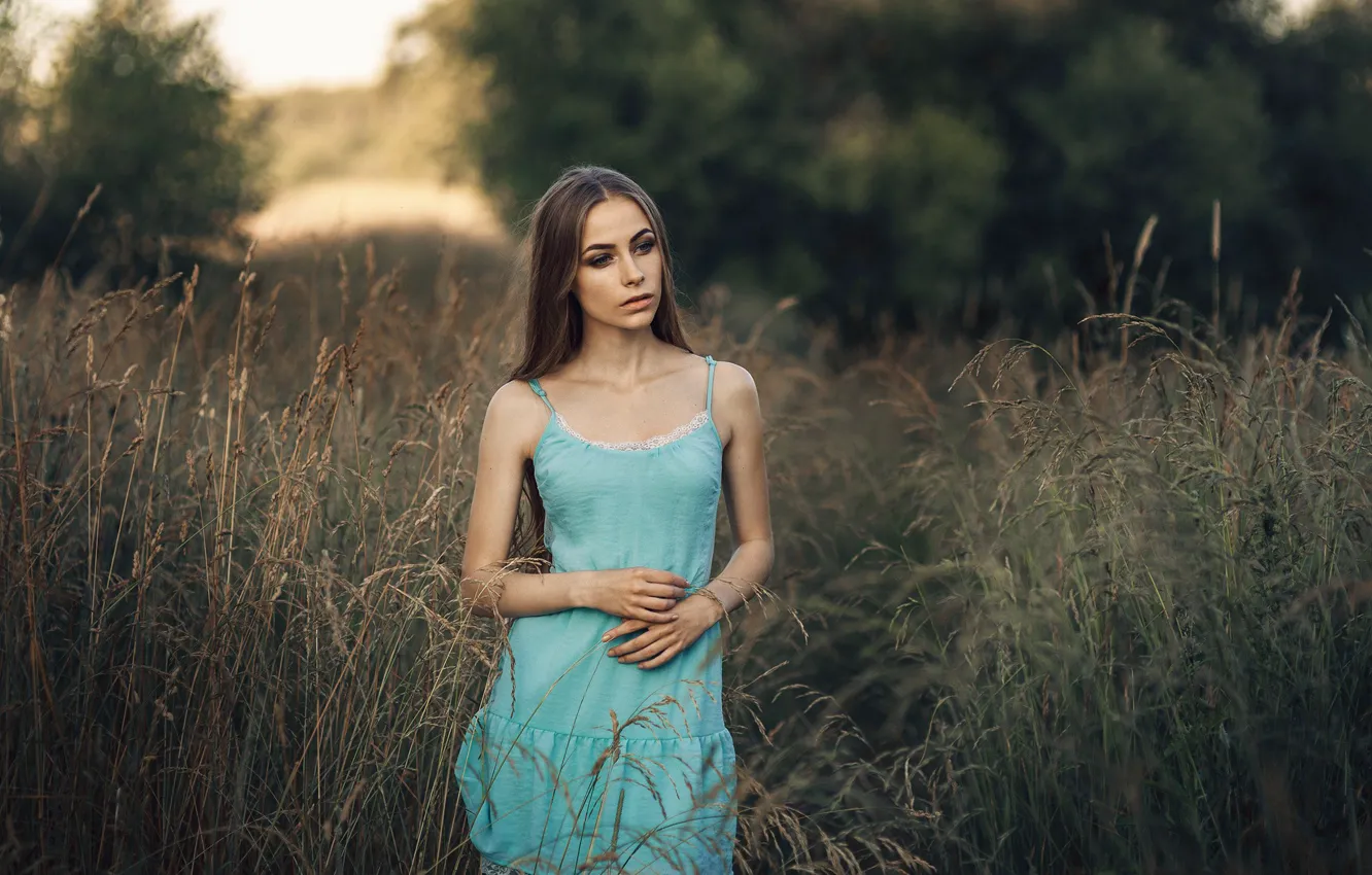 Photo wallpaper grass, girl, trees, model, portrait, makeup, dress, hairstyle