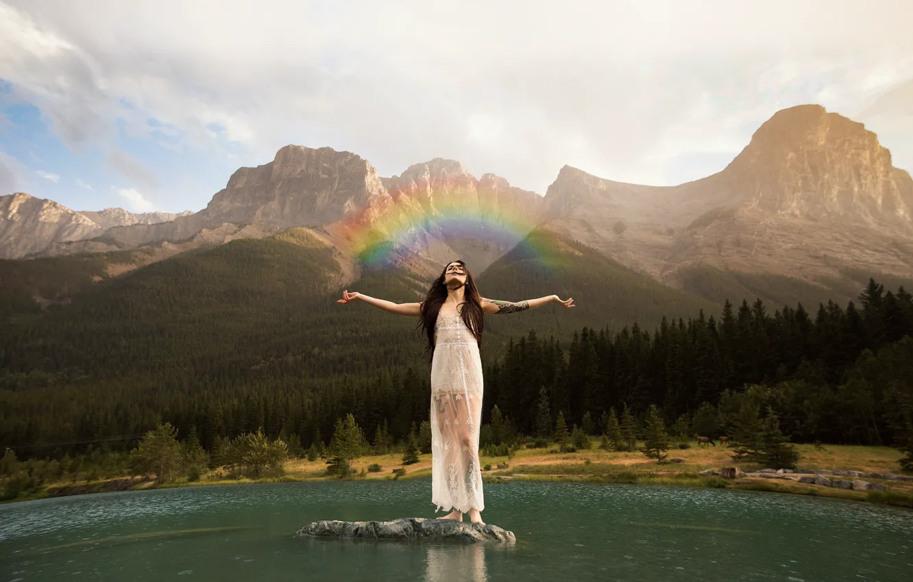 Photo wallpaper girl, lake, rainbow
