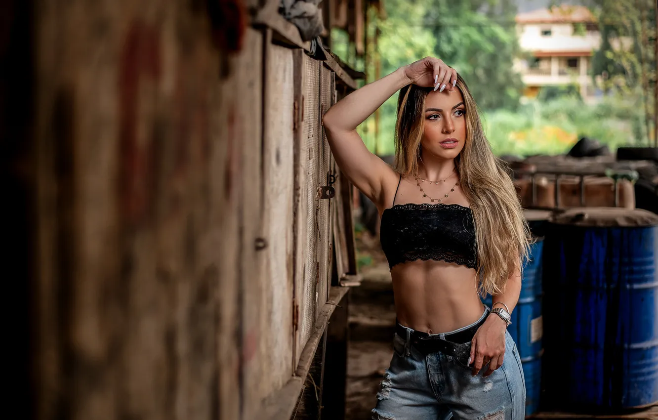 Photo wallpaper girl, wall, Board, jeans, blonde, topic