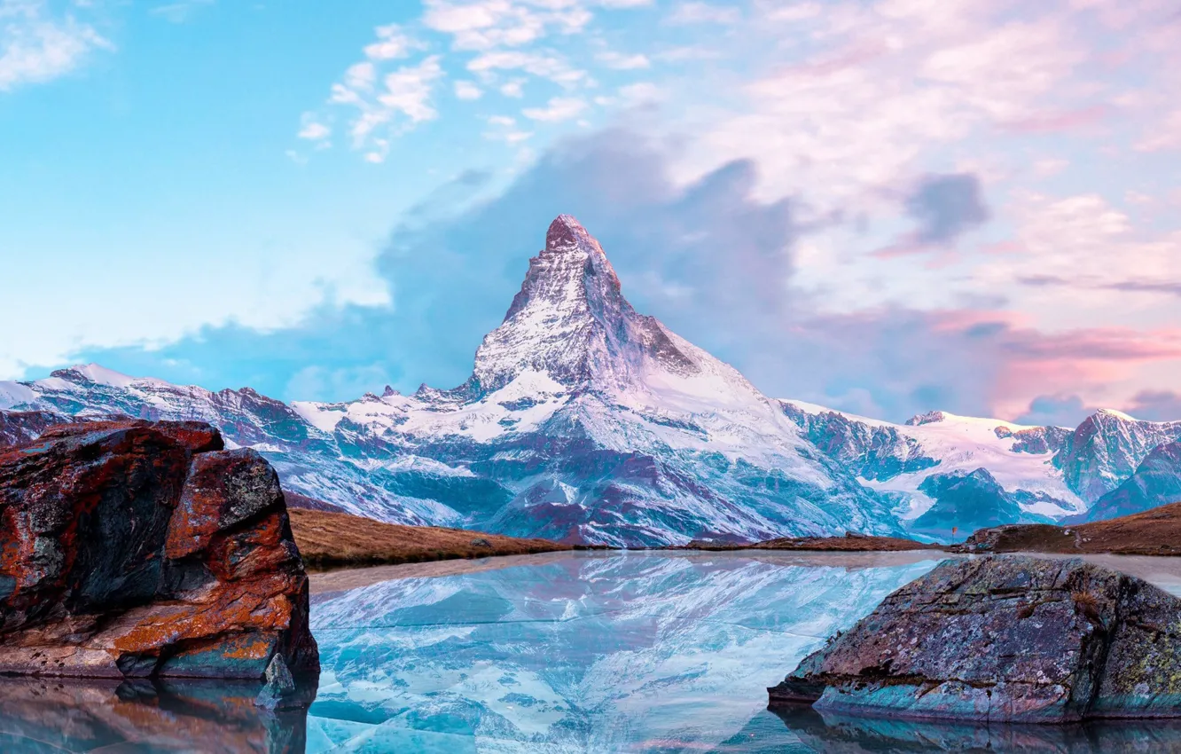 Photo wallpaper Frozen, Nature, Winter, Mountain, Lake, Reflection, Matterhorn, Switserland