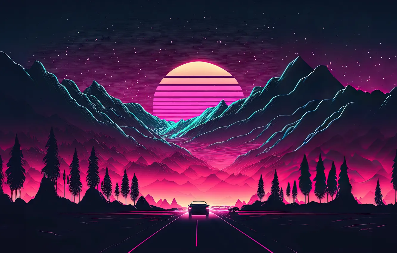 Photo wallpaper sunset, mountains, Neon, highway, Retrowave, Synthwave, Outrun, AI Art