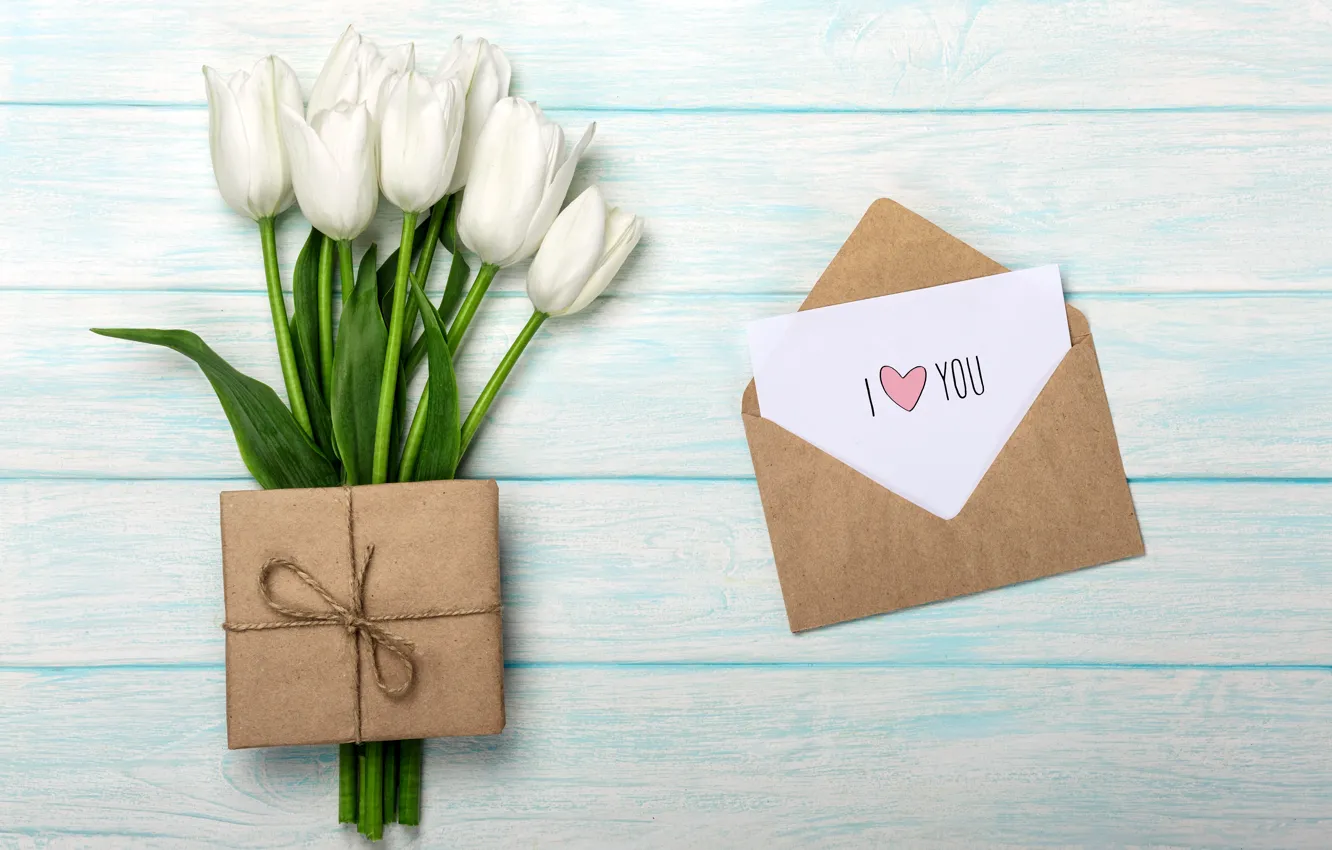 Photo wallpaper love, gift, bouquet, love, romantic, tulips, valentine's day, letter
