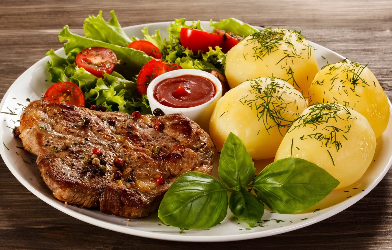 Photo wallpaper meat, vegetables, ketchup, salad, potatoes