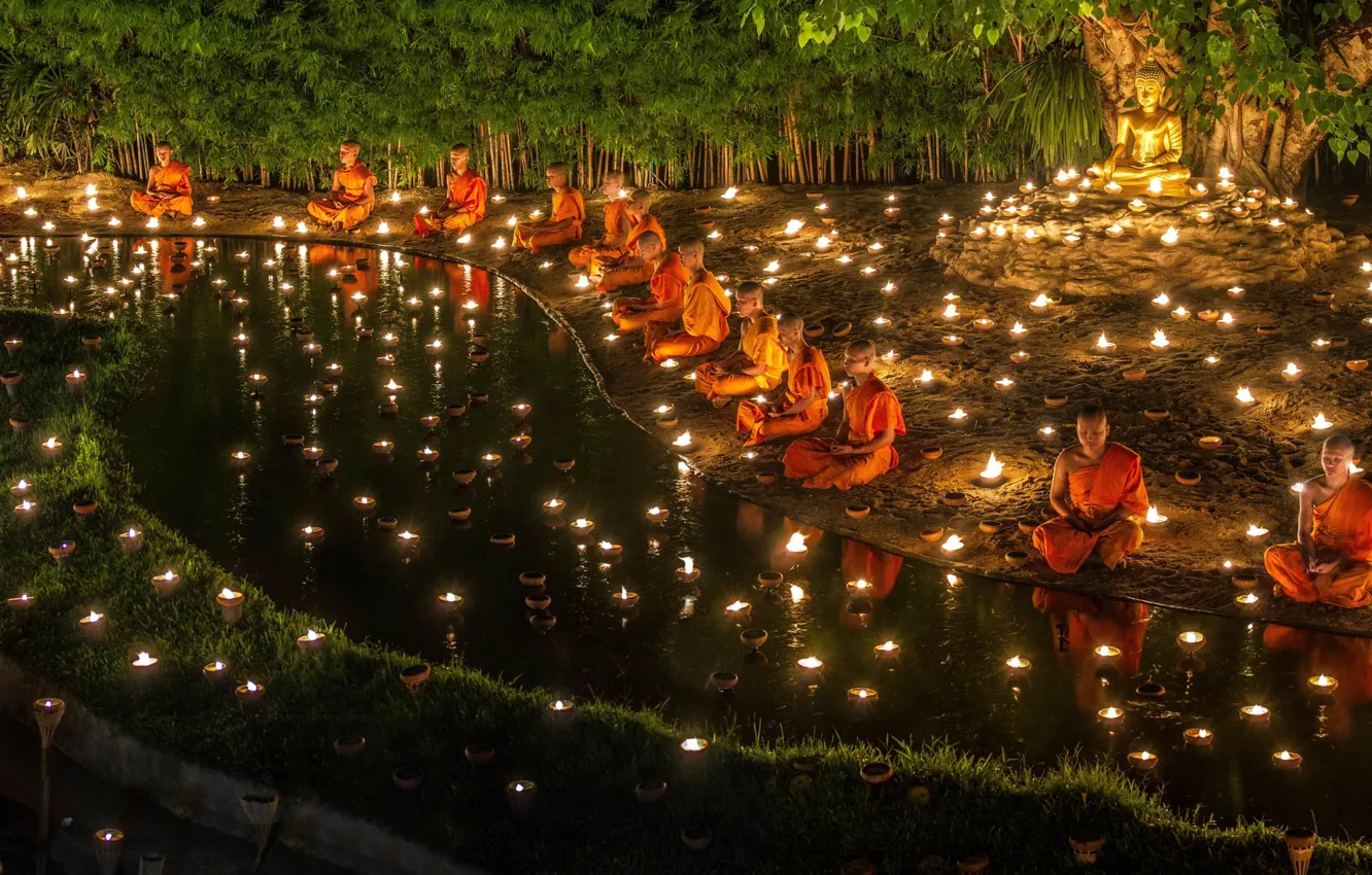 Photo wallpaper water, night, candles, monk, Buddha, prayer, Buddhism, Buddhist temple