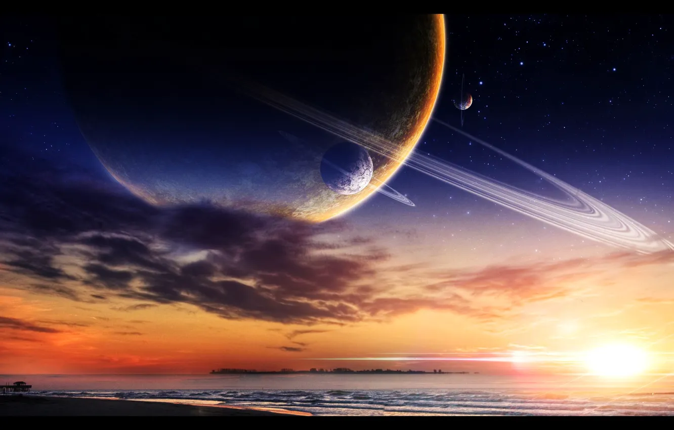 Photo wallpaper sea, sunset, planet, pier, pierce