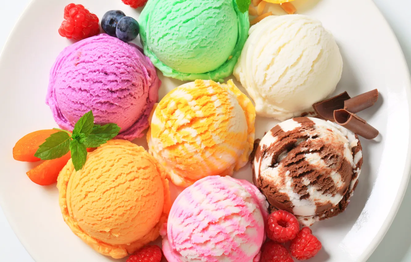 Photo wallpaper balls, berries, raspberry, chocolate, blueberries, plate, ice cream, different